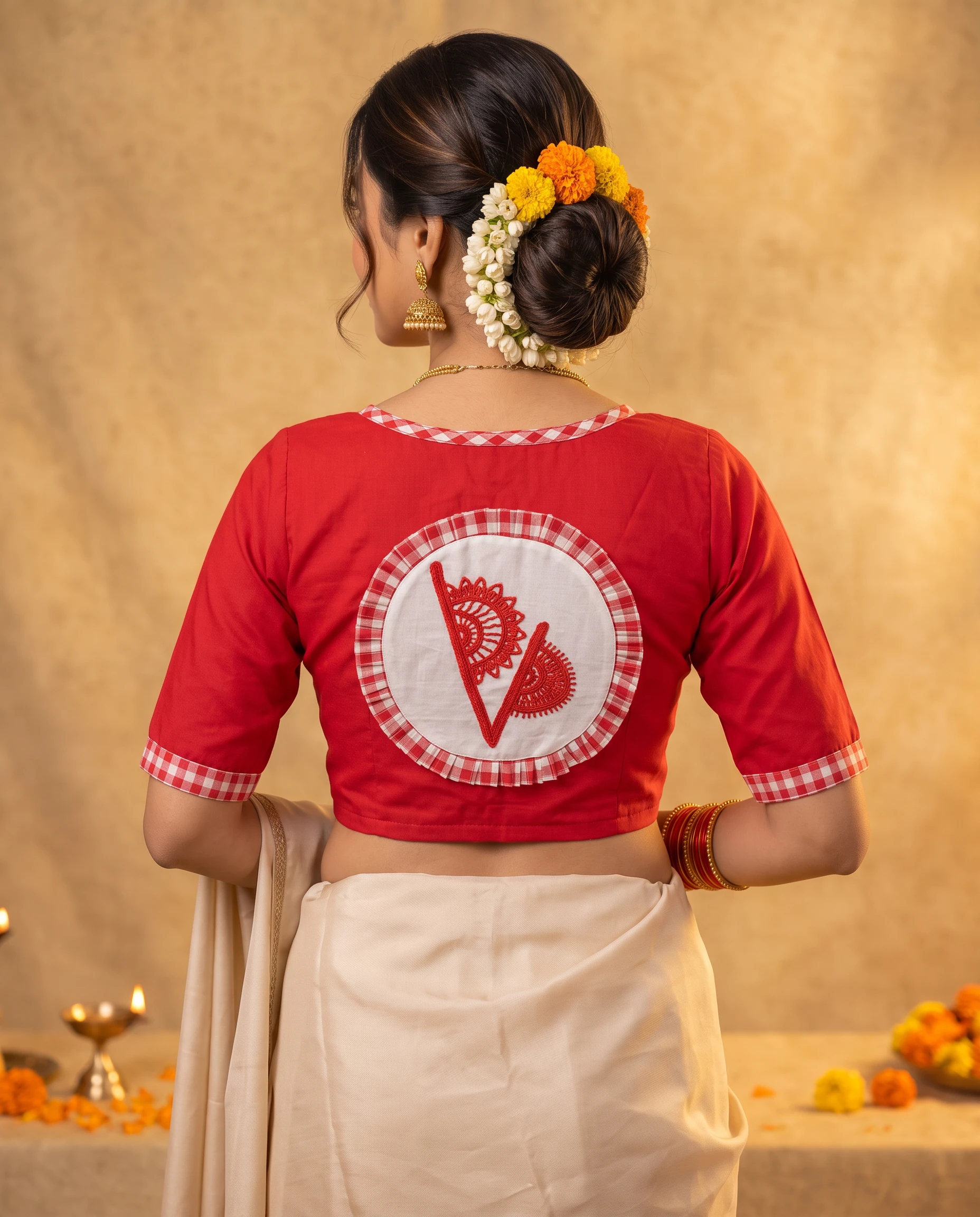 Red Cotton Rayon Blouse with Gingham Trim, Embroidered Back