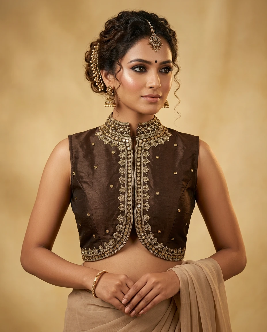 Elegant Brown Raw Silk Embroidered Designer Blouse