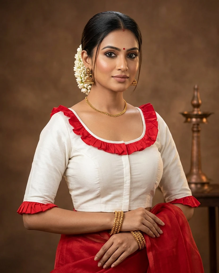 Handcrafted Off-White Raw Silk Designer Blouse with Ghungroo Anklet Embroidery & Red Ruffled Neck