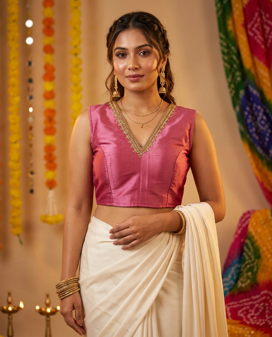 Radiant Pink Raw Silk Zari Neck Blouse