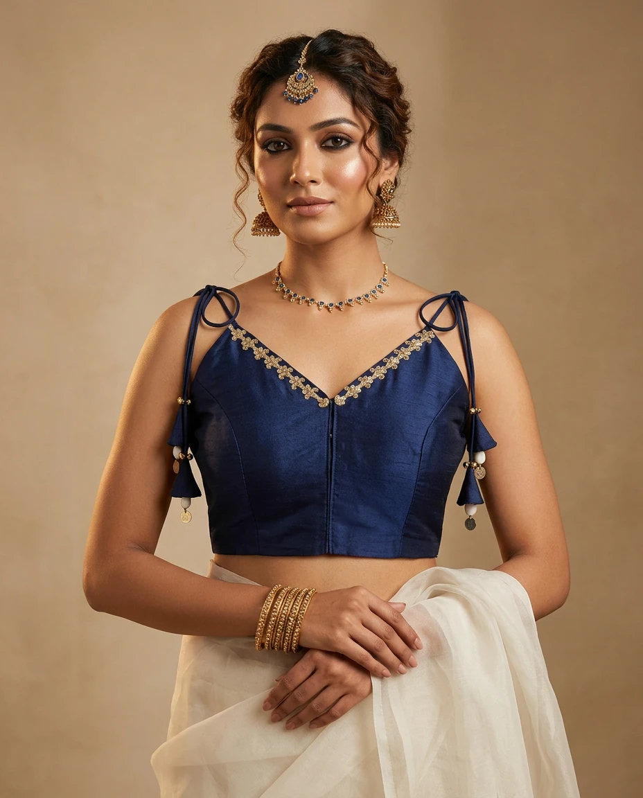 Navy Blue Raw Silk Embroidered Designer Blouse with Cowrie Shell Accents