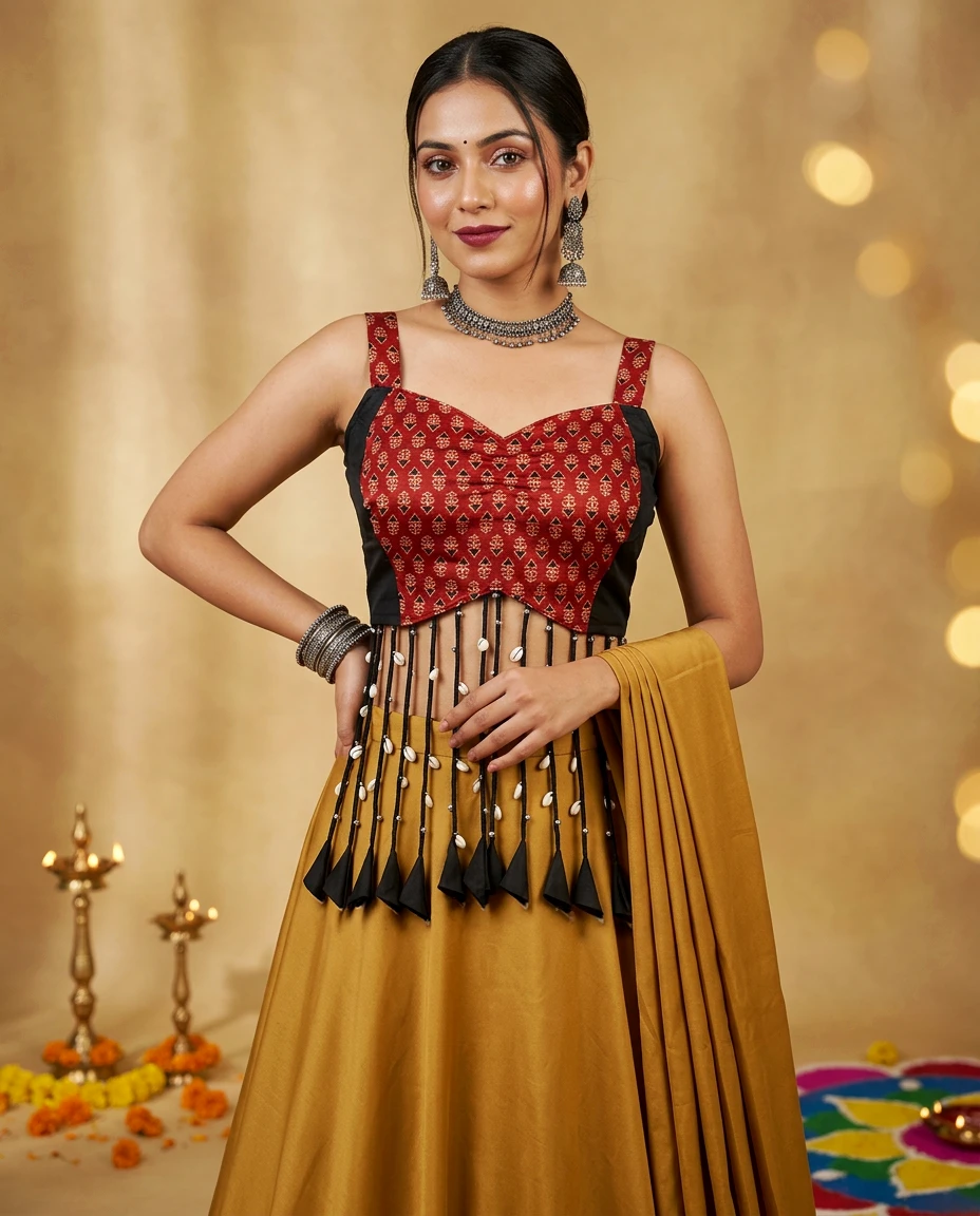 Boho-Chic Black and Red Modal Satin Designer Blouse with Shell Fringe