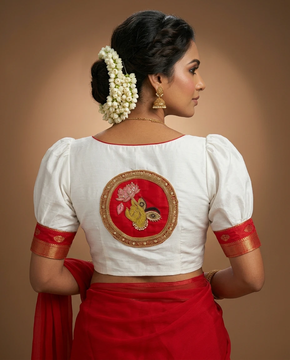 White Raw Silk Hand-Embroidered Blouse with Durga Motif & Red Zari Puff Sleeves