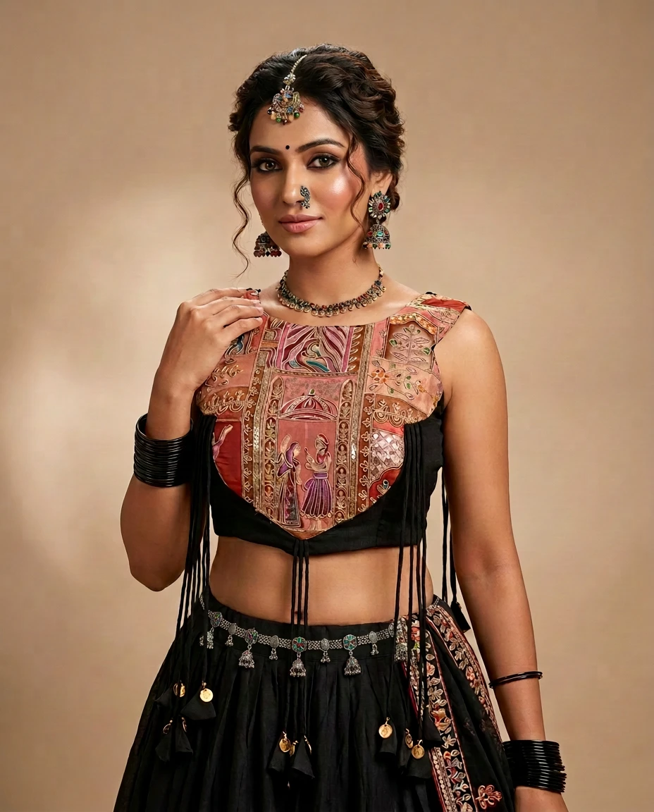 Peach & Black Handcrafted  Embroidered Crepe Silk & Raw Silk Blouse/Chaniya Choli Set with Tassel Accents