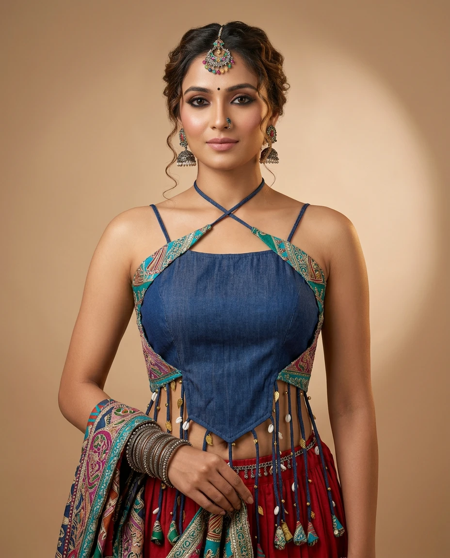 Exquisite Denim Embroidered Crepe Silk Crop-Top Blouse