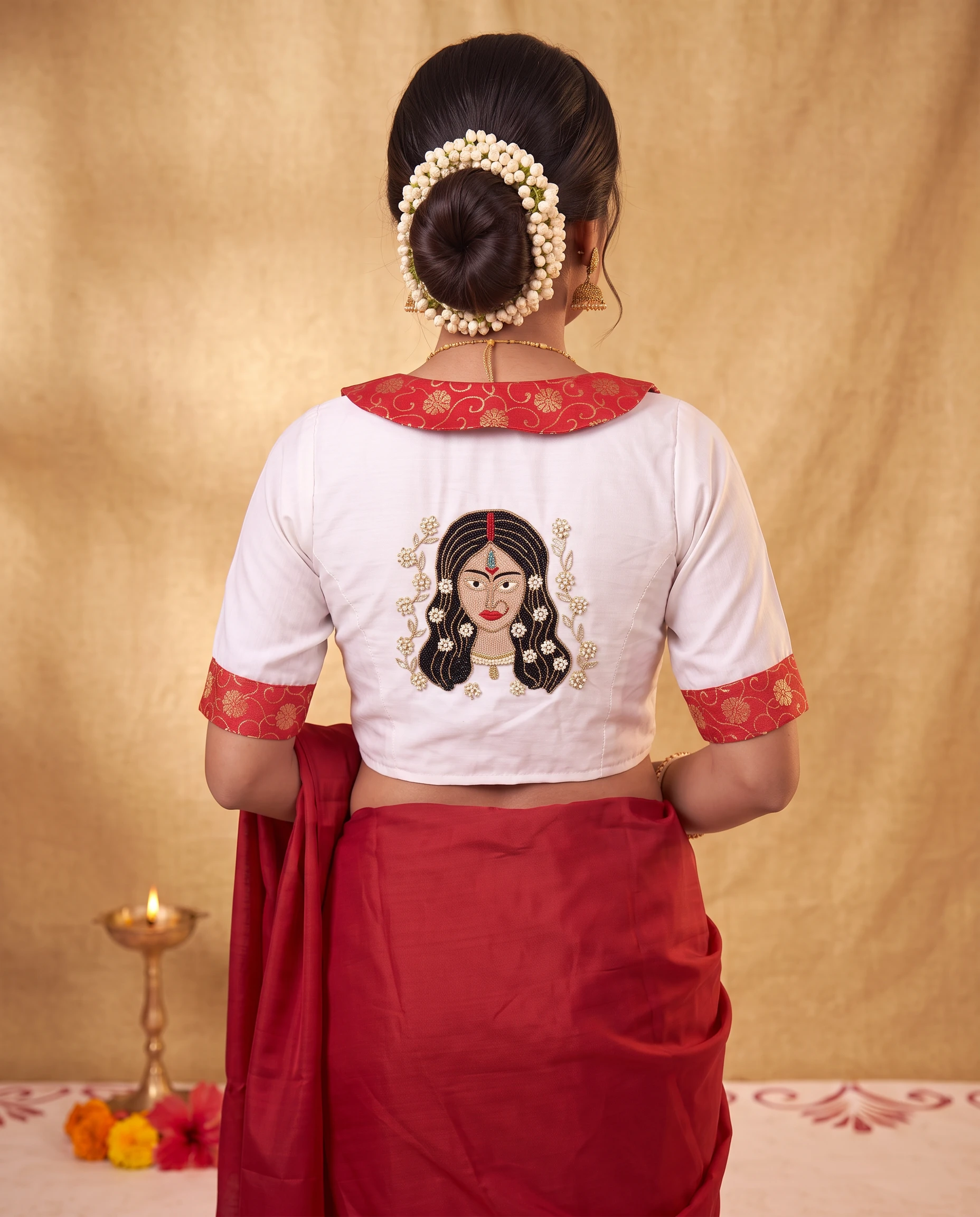 White Raw Silk Collar Blouse with Intricate Goddess Motif Back Embroidery