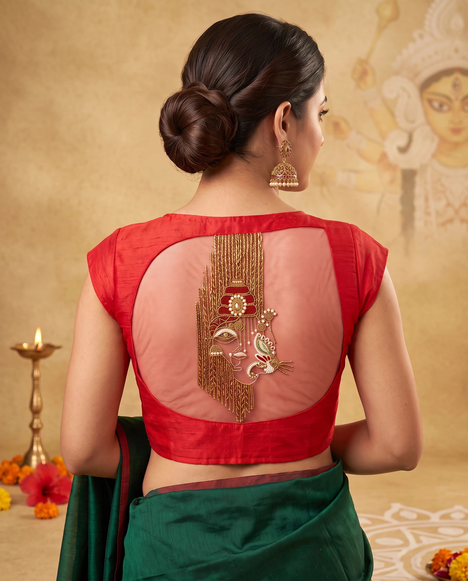Red Raw Silk Blouse with Durga Face Beaded Embroidery