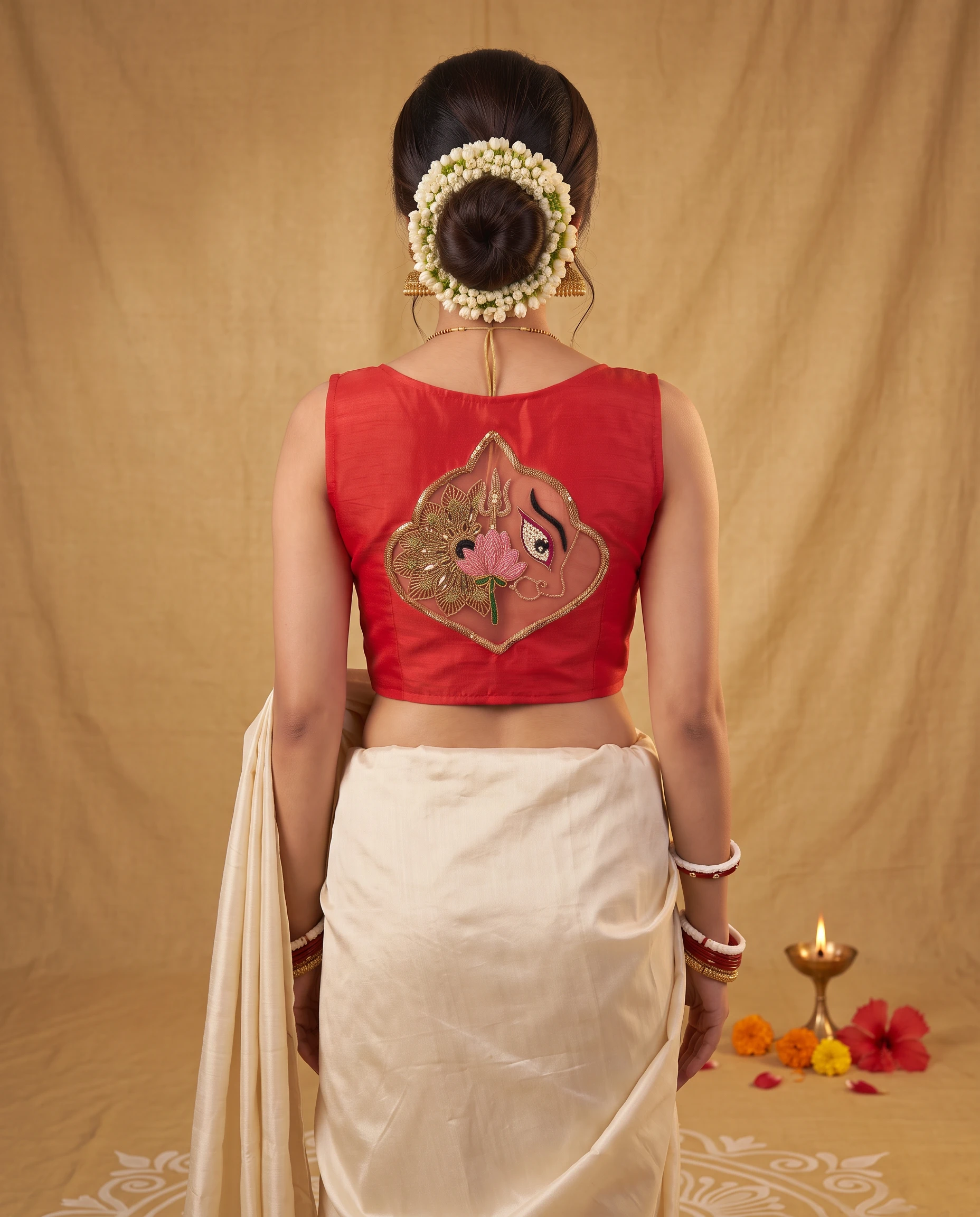 Red Sleeveless Blouse with Durga Eye Lotus Embroidery at back