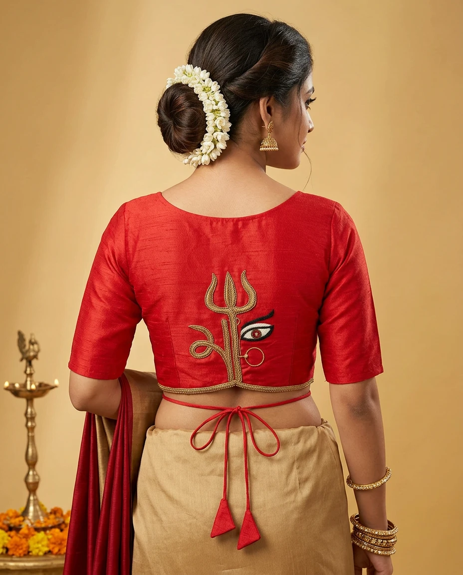 Red Raw-Silk Trishul & Devi Eye Embroidered Pujo Blouse