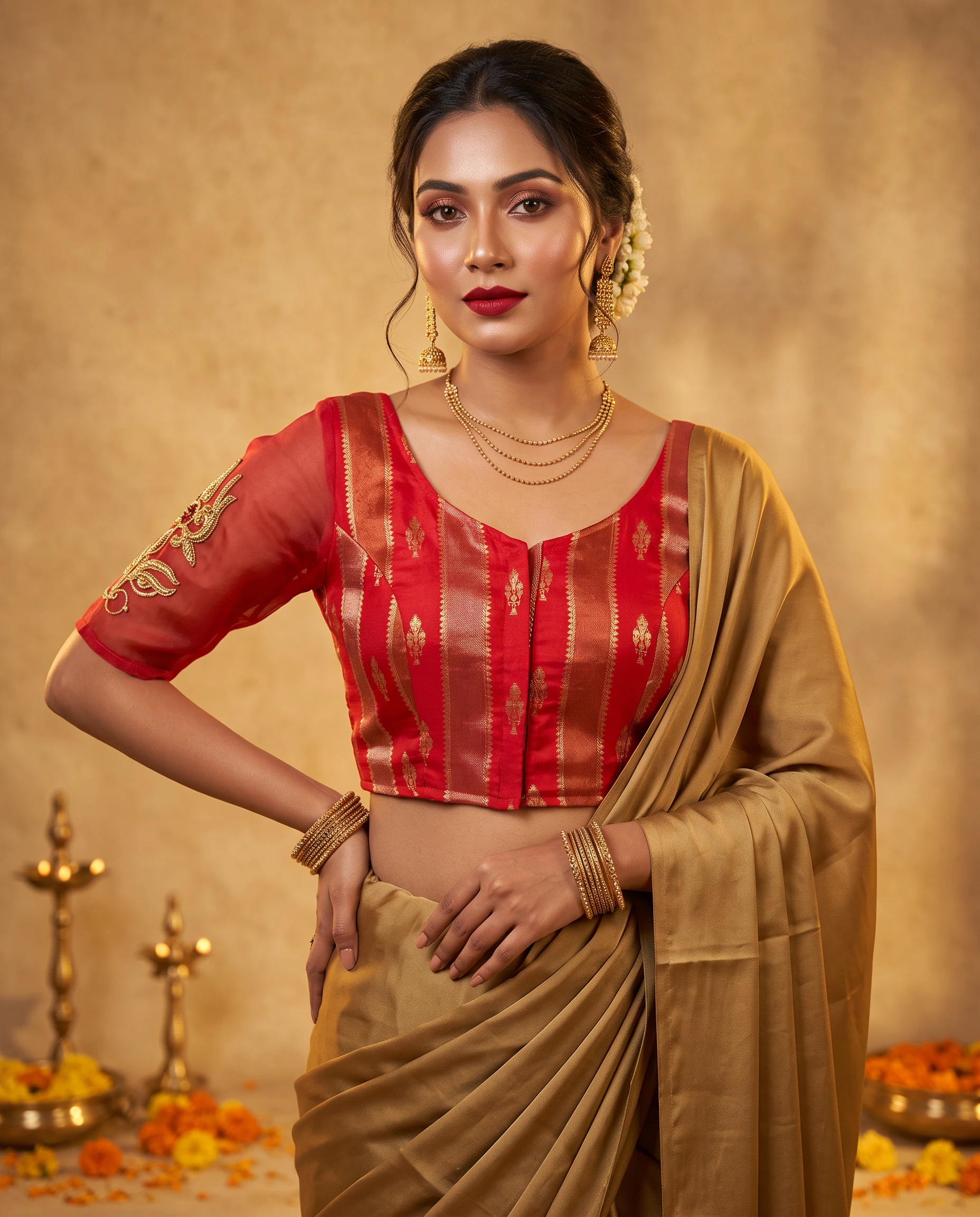 Red Russian Silk Blouse with Durga Eyes Sleeve Embroidery