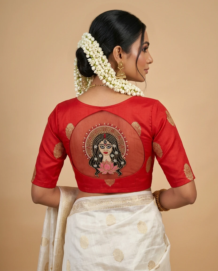 Red Russian Silk Blouse with Durga Embroidery, Sheer Back