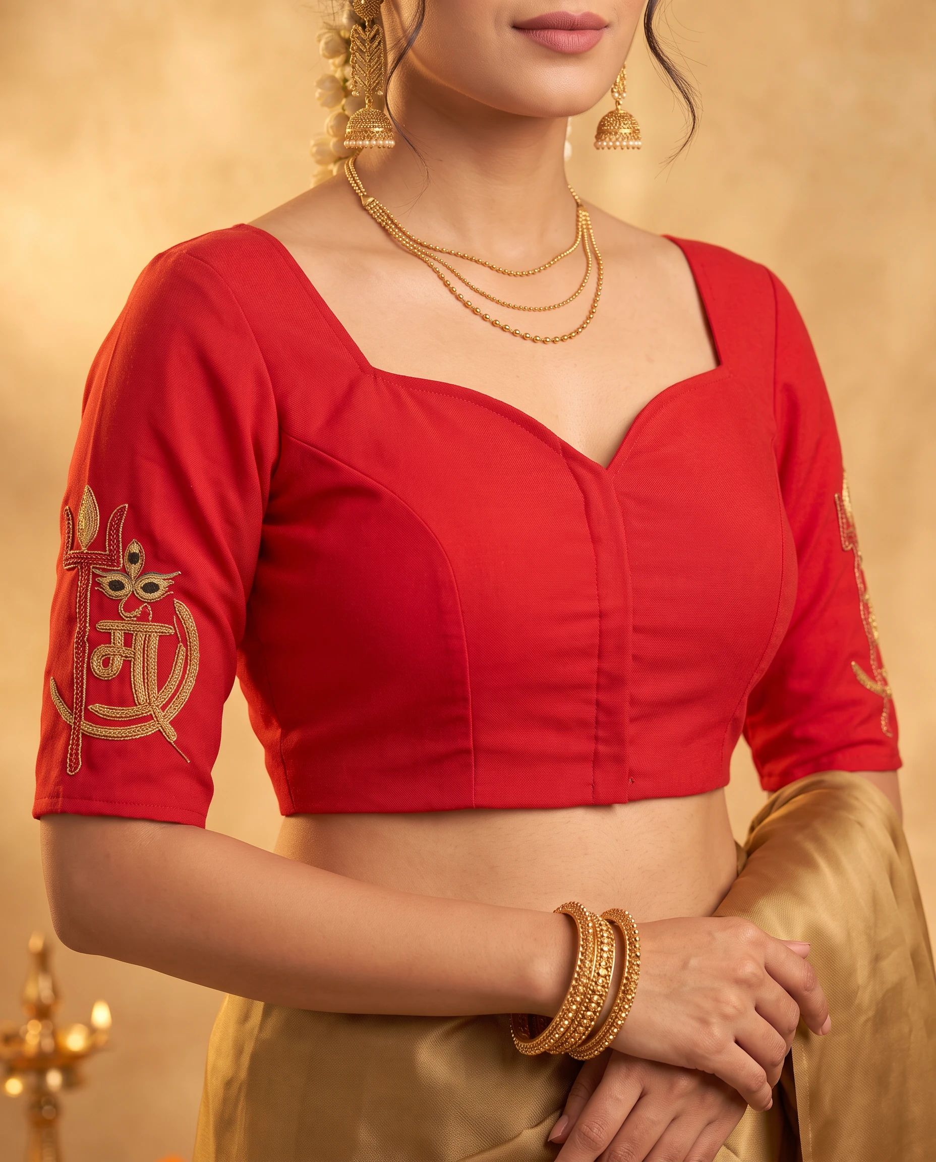 Vivid Red Raw Silk Blouse with Gold Trishul & Maa Embroidery