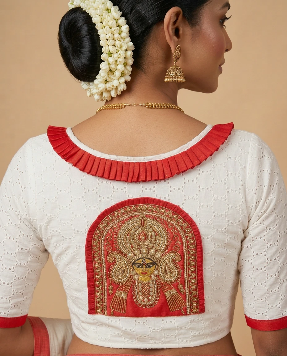 Handcrafted White Hakoba Designer Blouse with Durga Face Embroidery & Red Pleated Neck