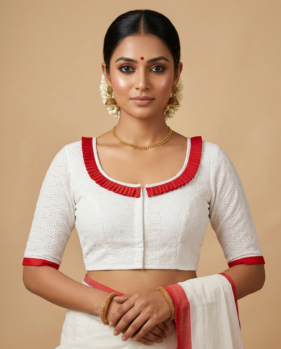 Handcrafted White Hakobba Designer Blouse with Durga Face Embroidery & Red Ruffled Neck