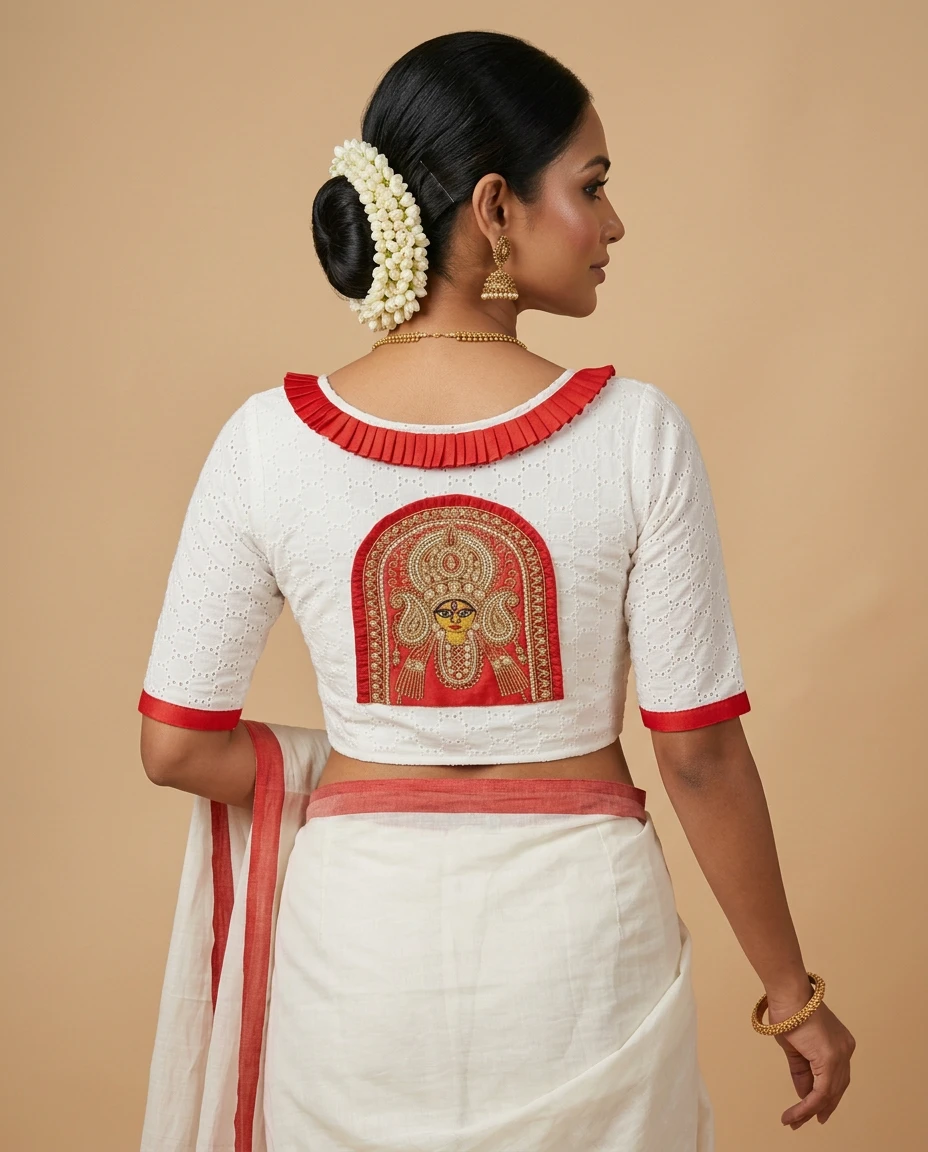 Handcrafted White Hakoba Designer Blouse with Durga Face Embroidery & Red Pleated Neck