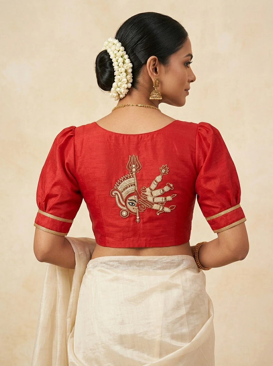 red raw silk blouse with back ma durga hand embroidery