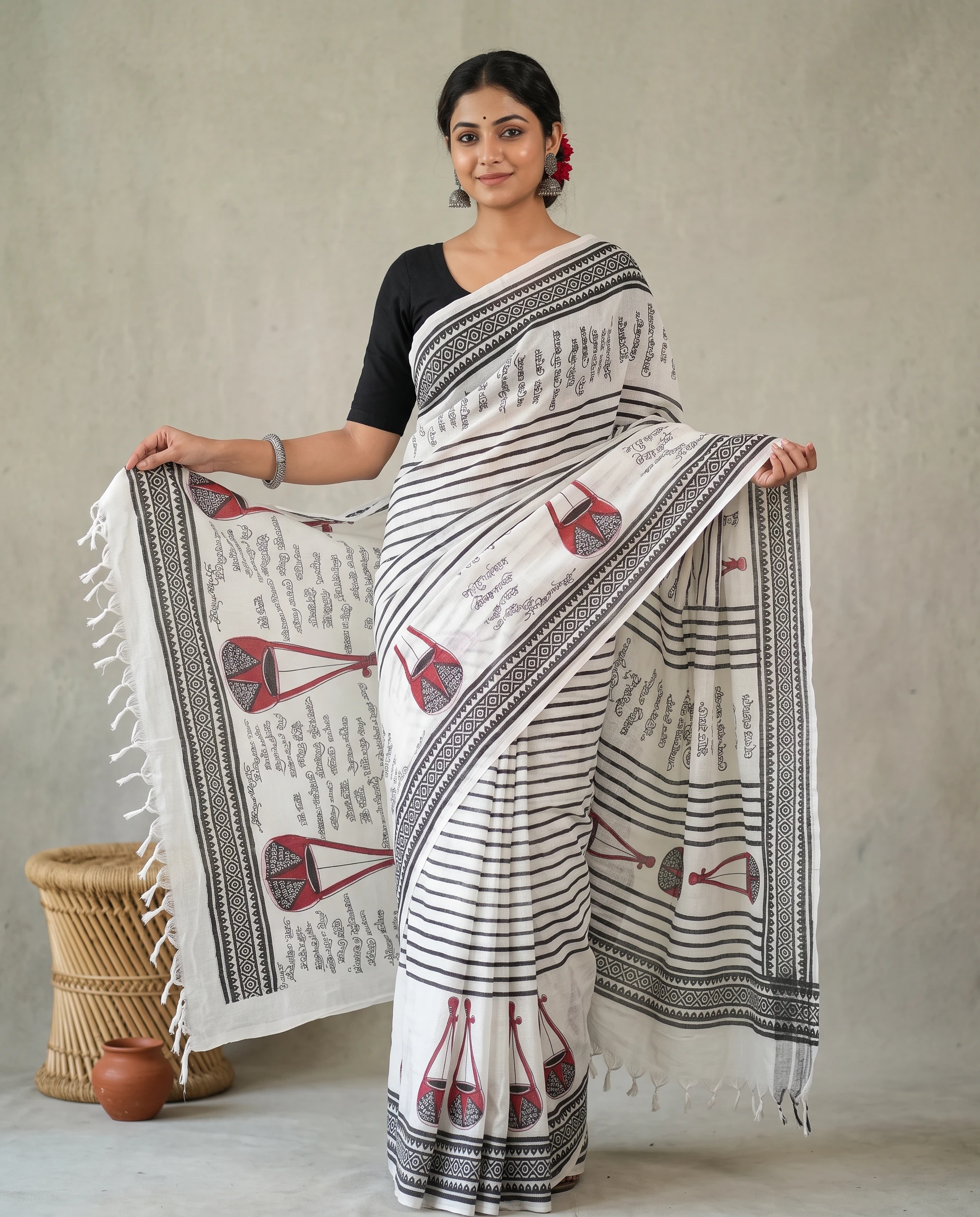 Artisan White Printed Cotton Khadi Saree