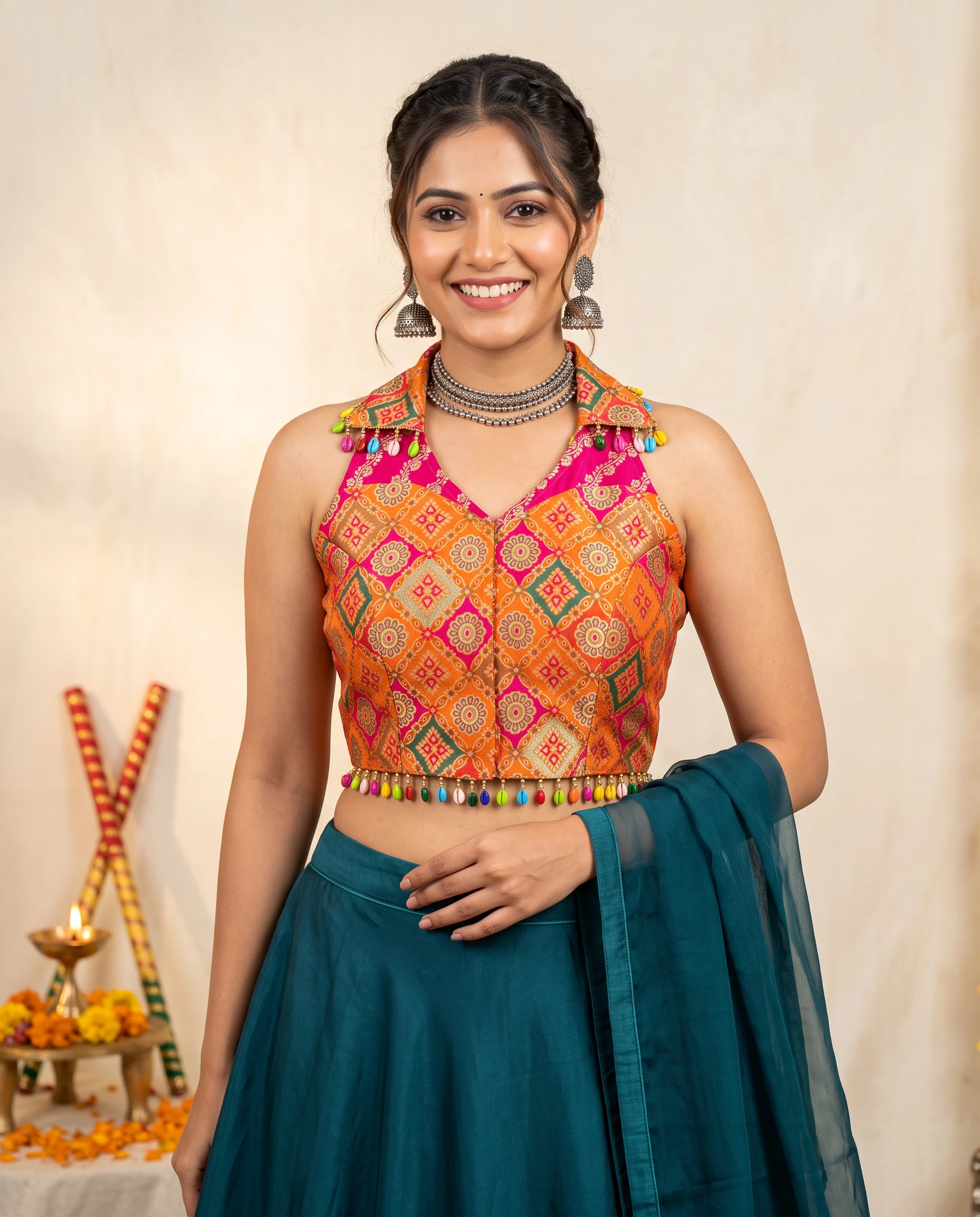 Orange Pink Brocade Halter Blouse with Cowrie Tassels