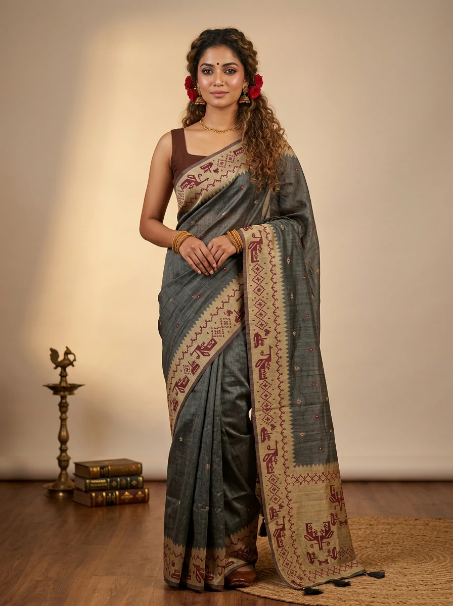 Elegant Grey & Maroon Silk Resham Weaving Saree