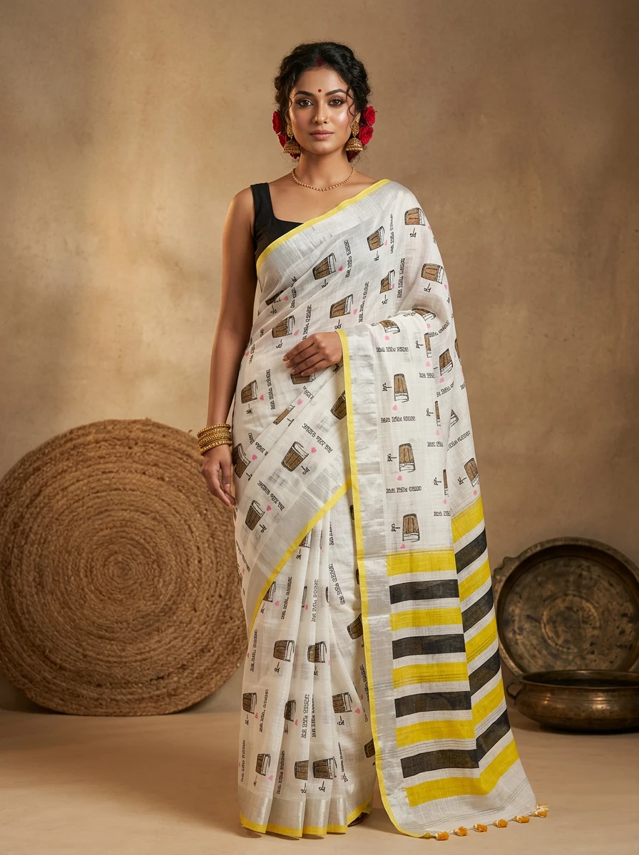 Radiant White & Yellow Cotton Printed Saree