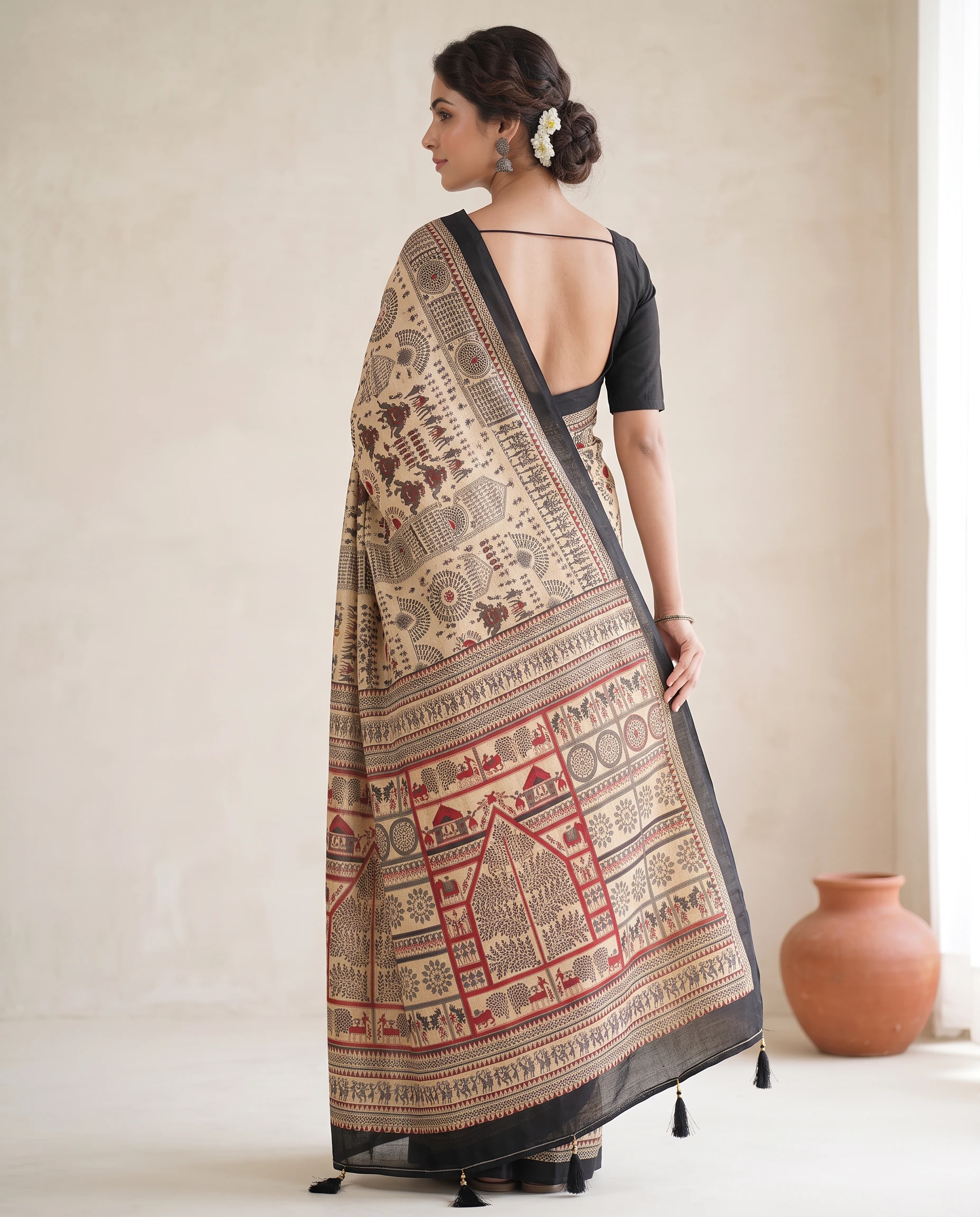 Beige Maroon Warli Printed Saree with Black Border and Tassel Pallu