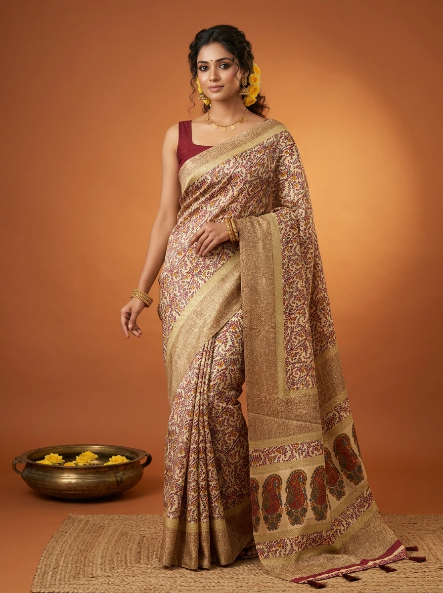 Majestic Mustard & Maroon Art Silk Printed Saree