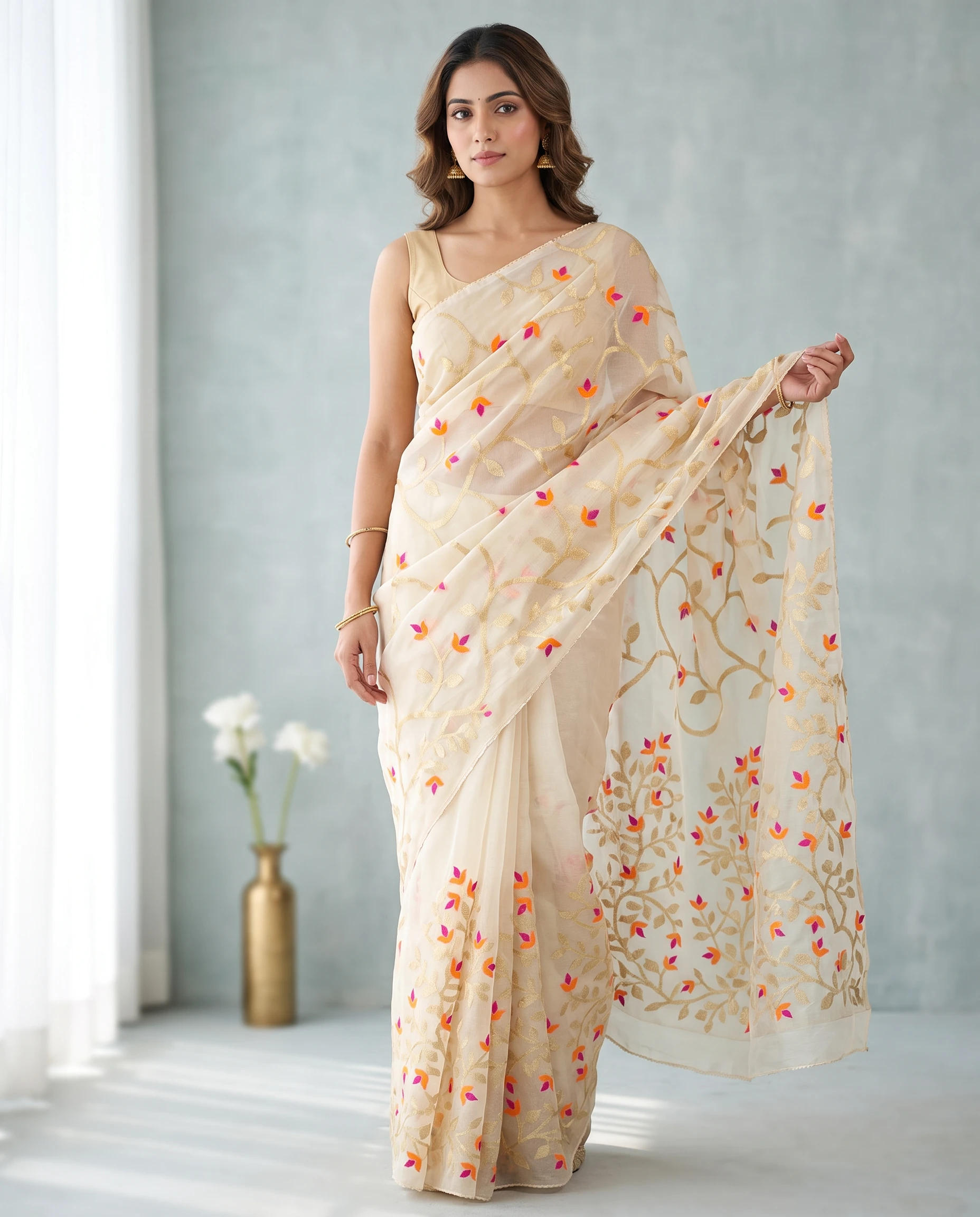 Exquisite Off White Orange Linen Saree