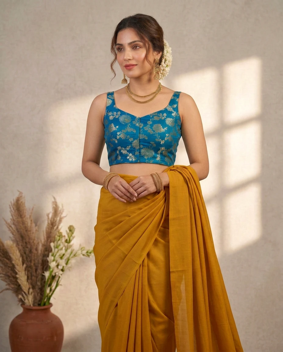 Sleeveless Teal Blue Floral Brocade Russian Silk Designer Blouse