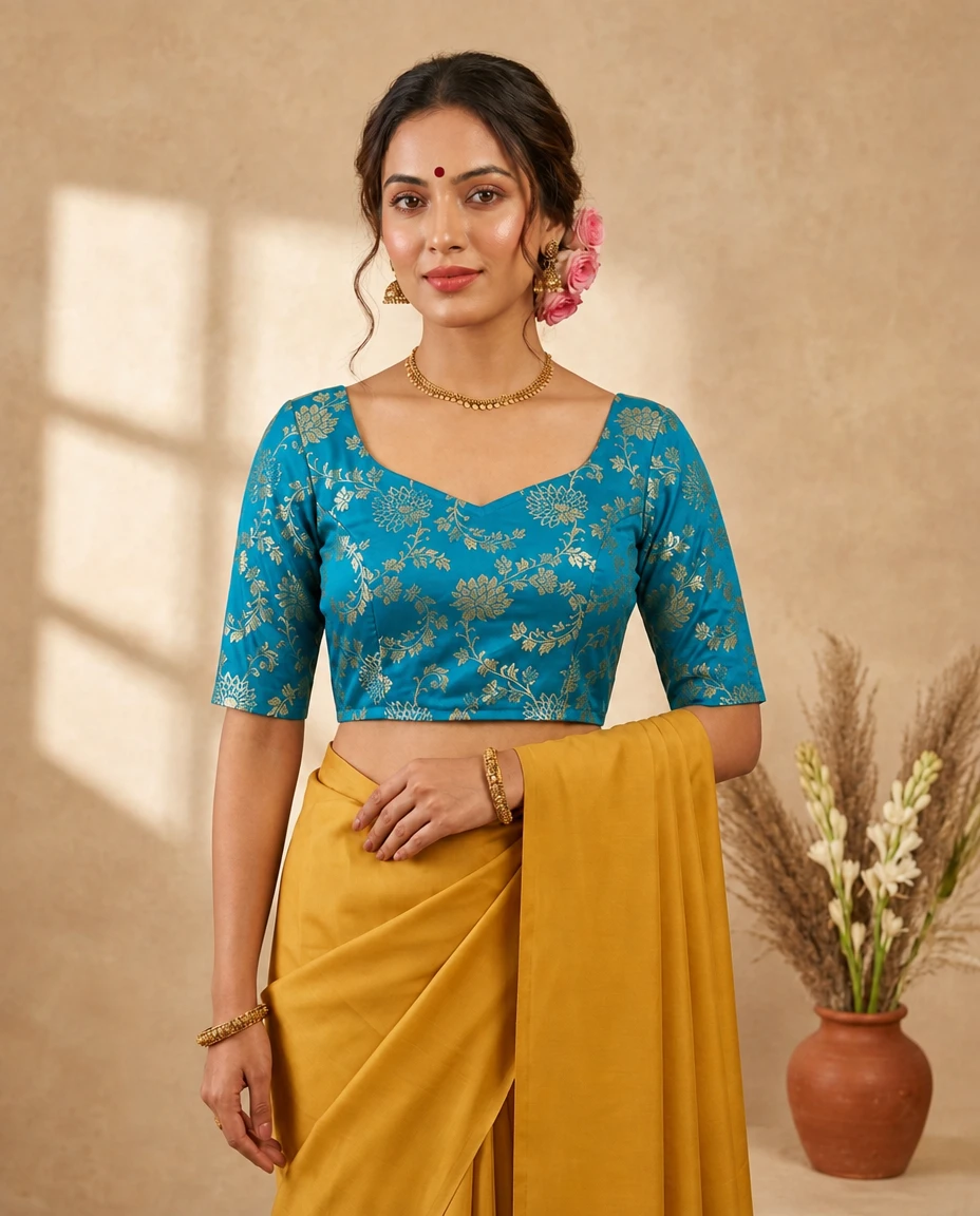 Teal Blue Floral Brocade Russian Silk Designer Blouse