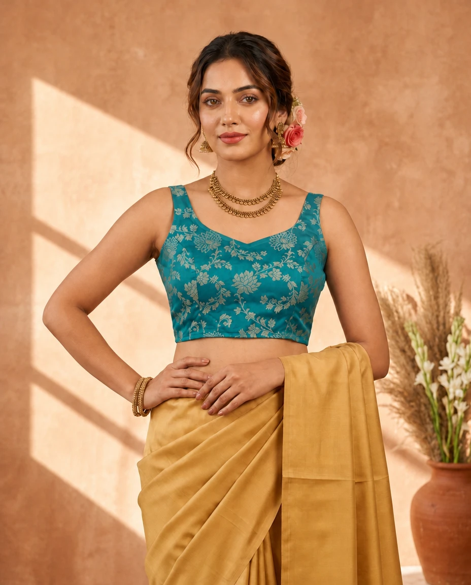 Sleeveless Teal Blue Floral Brocade Russian Silk Blouse with Tie-Up V Back