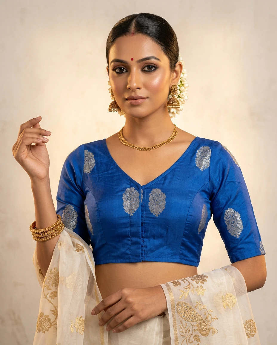 Regal Royal Blue Russian Silk Paisley Motif V-Neck Blouse