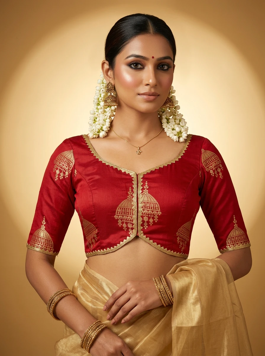 Regal Red Russian Silk Zari Work Blouse