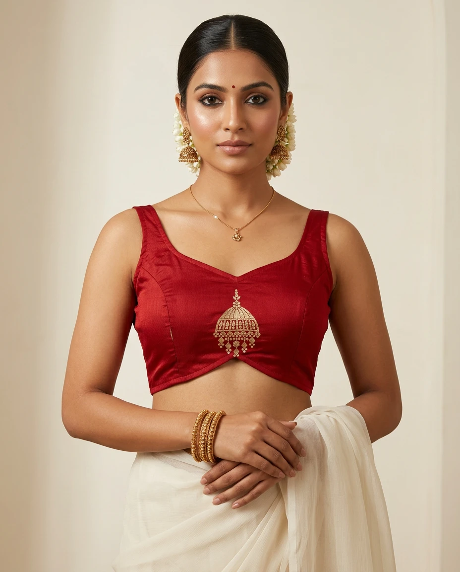 Exquisite Red Russian Silk Leaf Neck Jhumko Motif Blouse
