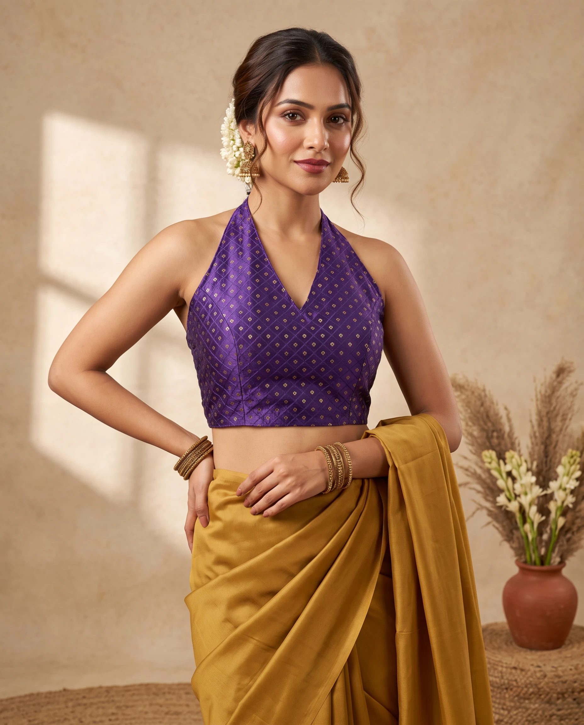 Stunning Purple Dupion Silk Blouse with Gold Zari Motif and Open Back