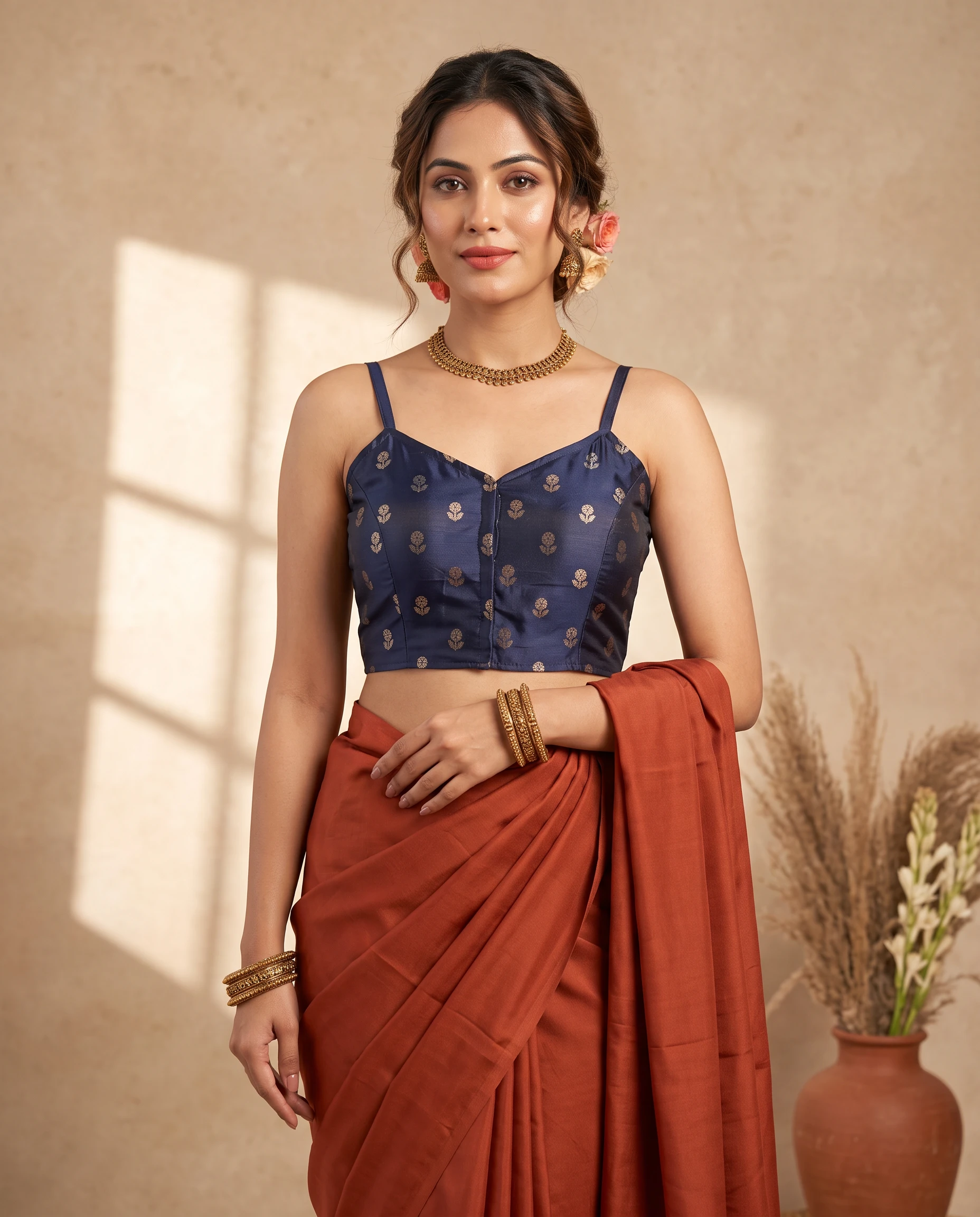 Stunning Navy Blue Brocade Blouse with Criss-Cross Dori and open back
