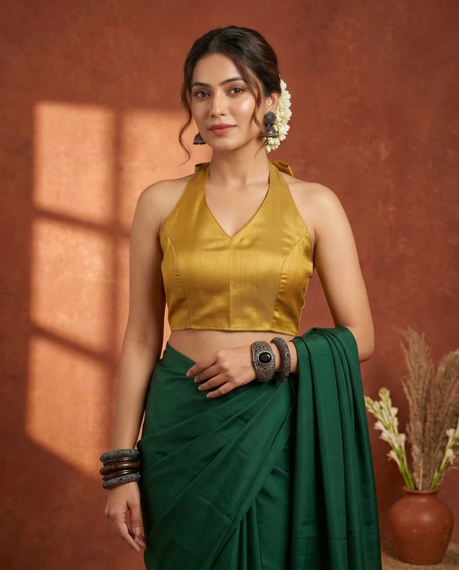 Golden Halter Neck Brocade Saree Blouse with Bow Tie-Up and Back Dori