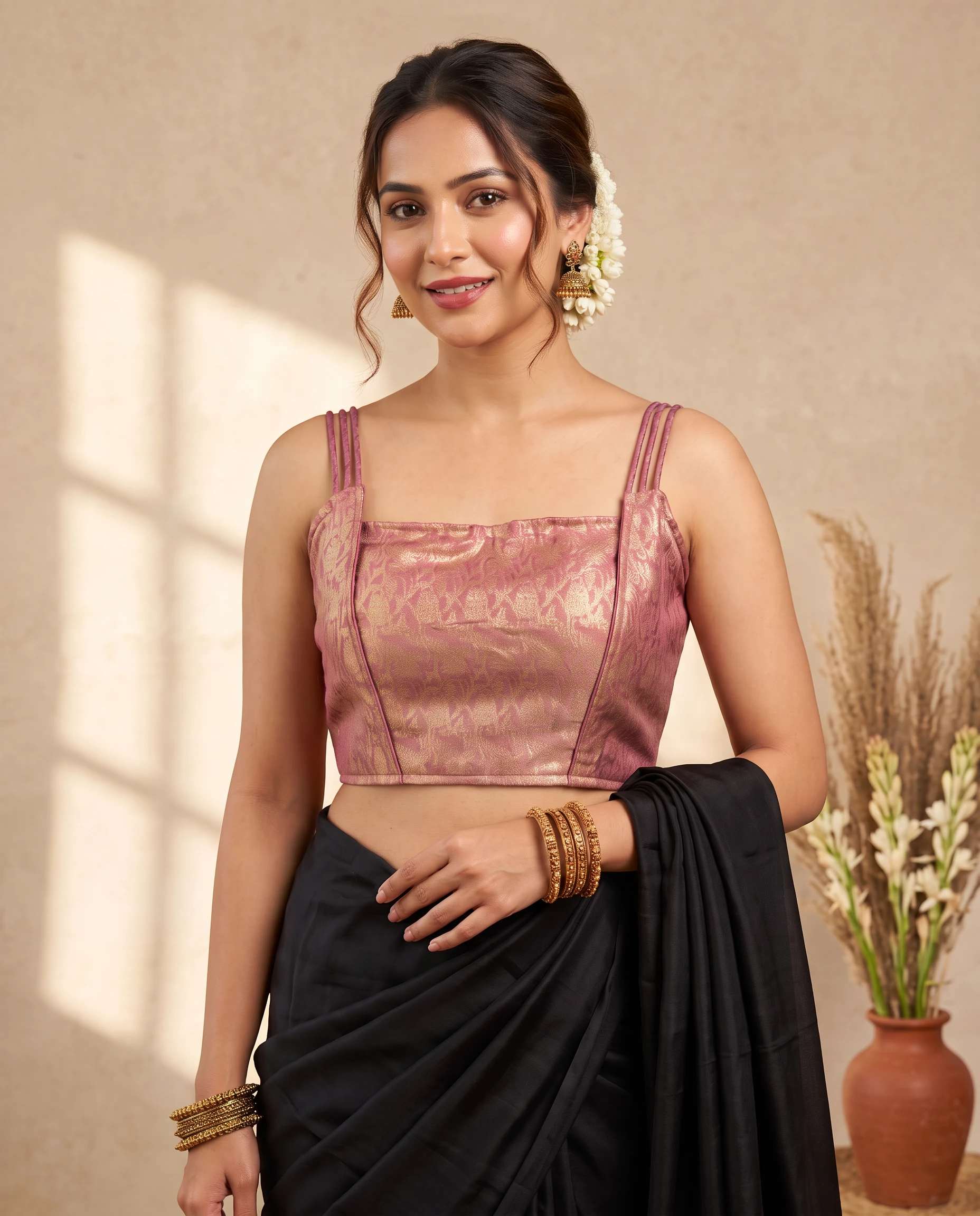 Stunning Dusty Rose/ Mauve pink Brocade Blouse with Criss-Cross Dori Tie-Up Deep Back Design