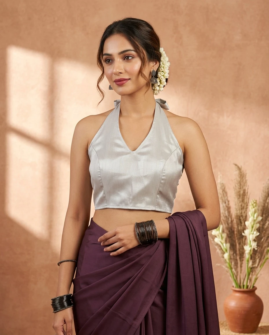Silver Tissue Halter Neck Saree Blouse with Back Bow Tie Detail