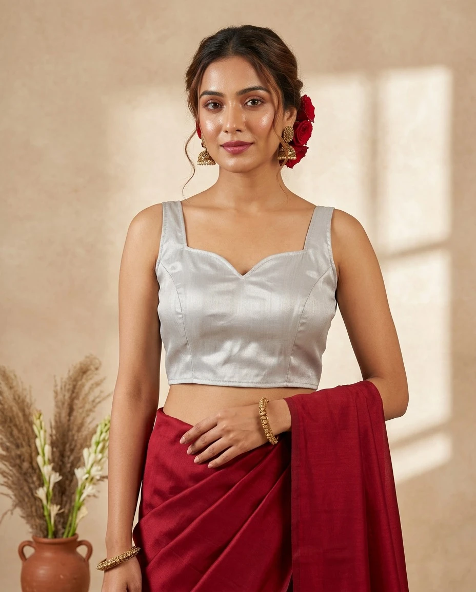 Metallic Silver Tissue Sleeveless Blouse with Sweetheart Neck & Deep Back Dori