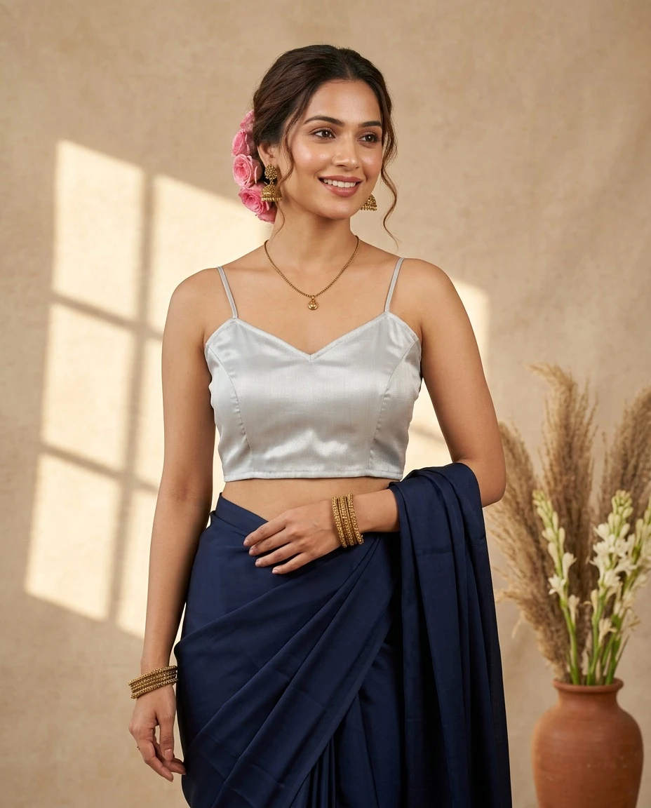 Silver Metallic Tissue Spaghetti Strap Backless Blouse with Tie-Up Dori