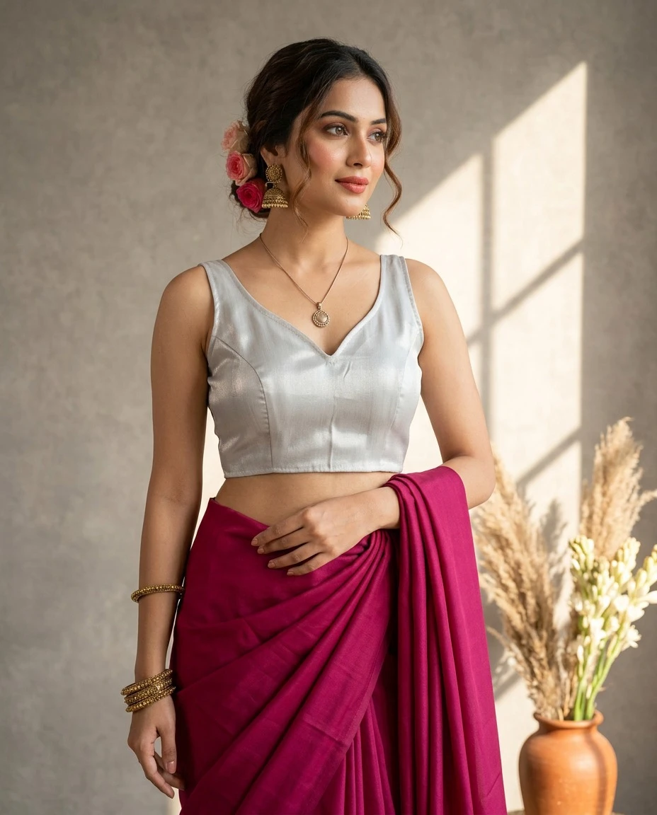 Metallic Silver Tissue Sleeveless V-Neck Blouse with Back Tie-Up Details