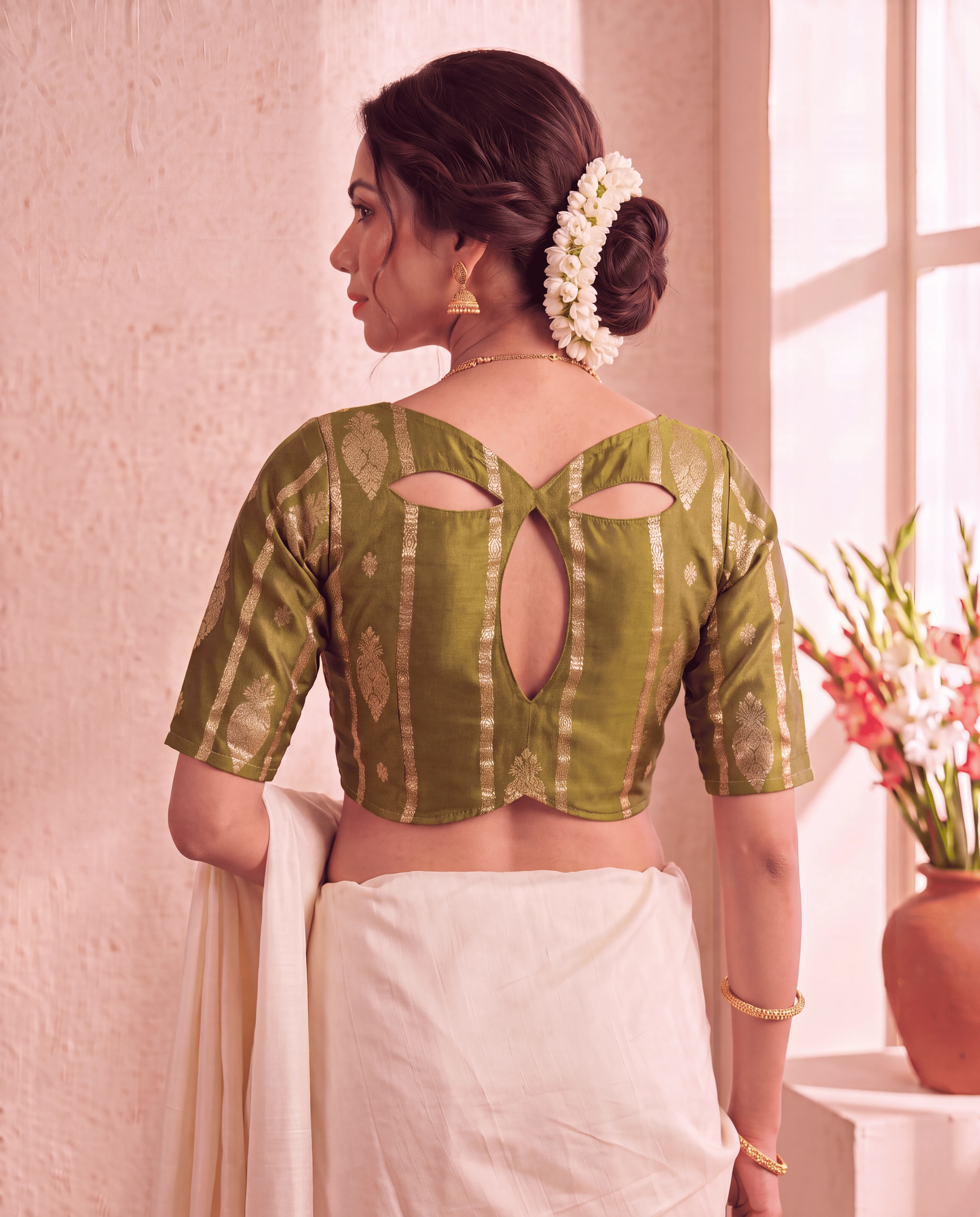 Olive Green Russian Silk Zari Woven Brocade Readymade Saree Blouse