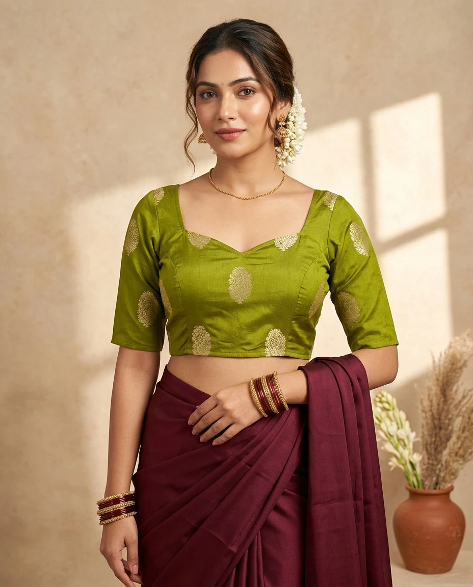 Olive Green Woven Russian Silk Readymade Saree Blouse