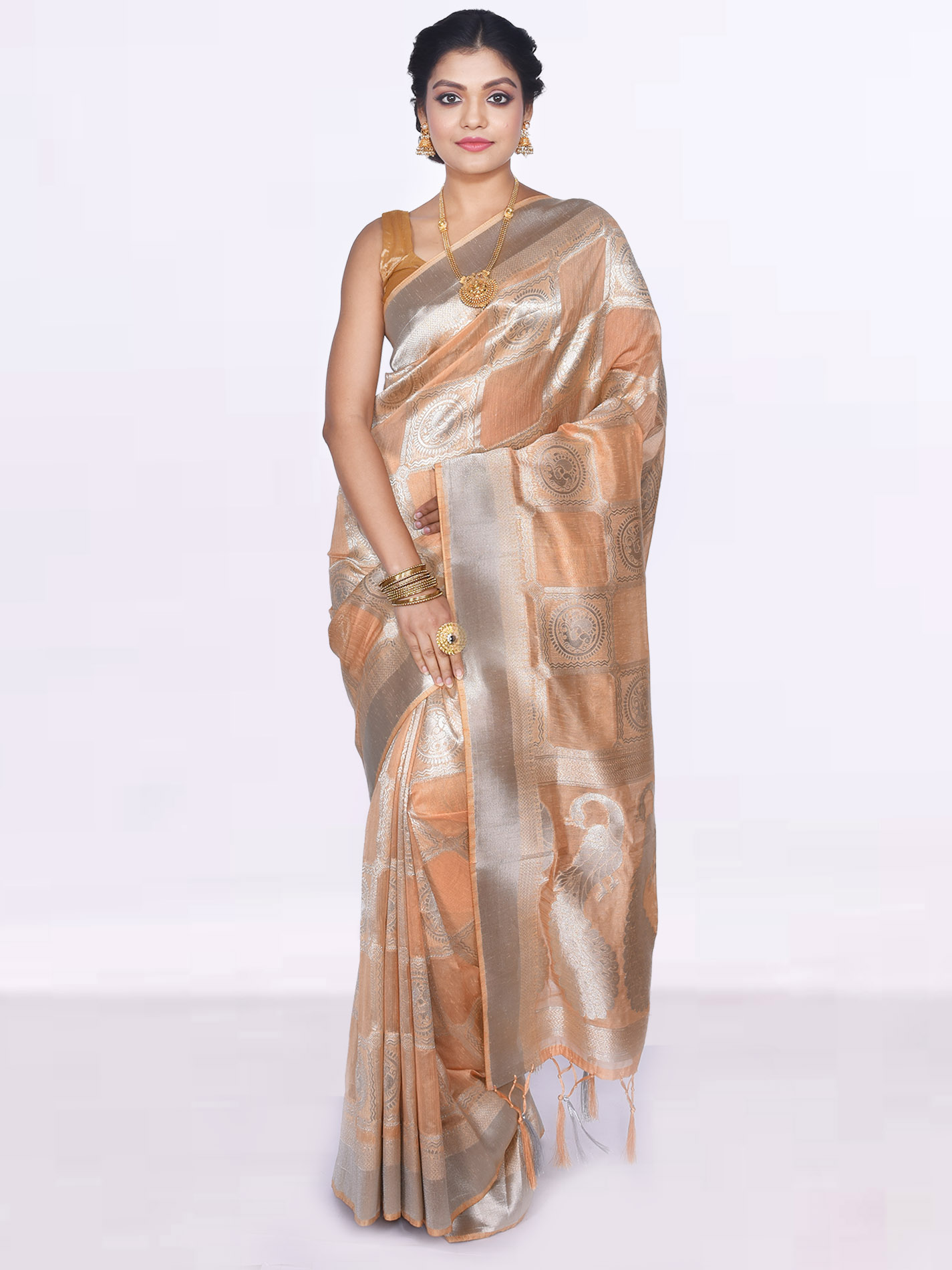 Pastel Green Linen Tissue Saree with Gold and Silver Zari