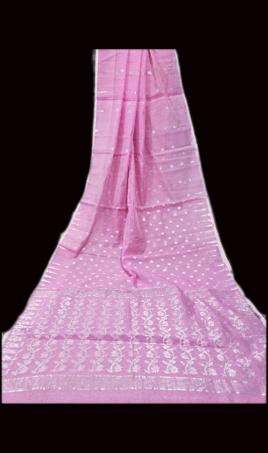 Banarasee Kora Muslin Saree With Zari Jamdani Weaving-Pink