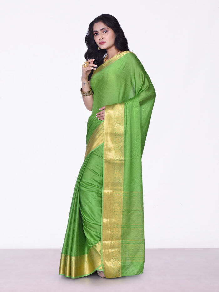 Silk Land Parrot Green Silk Floral Saree With Unstitched Blouse