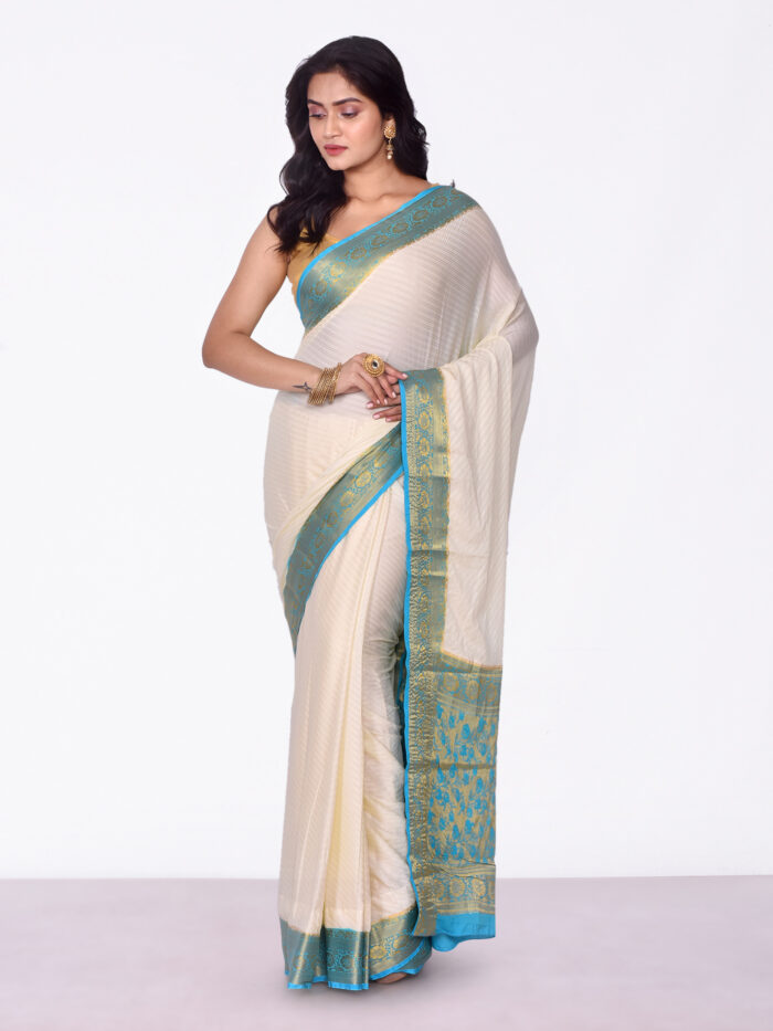 Onam Special Blue And Cream Silk Saree– Lotus Fashion