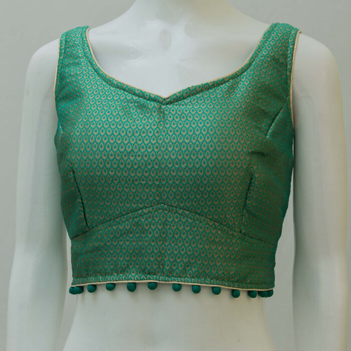 Sea green brocade sleeveless blouse with silver motifs