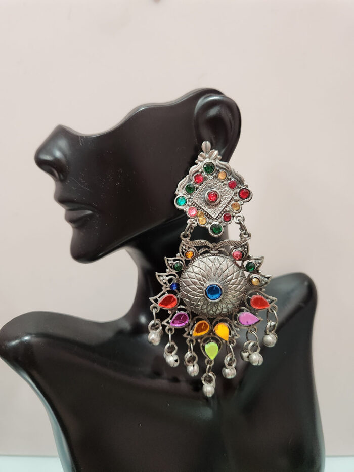 Buy Fresh Vibes Metallic Silver Multi-Color Stones Black Metal Fancy  Afghani Chandbali Earrings for Women with Ghungroo - Trendy Oxidised Party  Use Long Hangings Jhoomar Earings for Girls Online at Best Prices